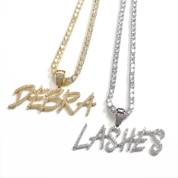 Custom Personalized Mini Brush font Letters Nameplate Necklace Pendants Tennis Chain Gifts