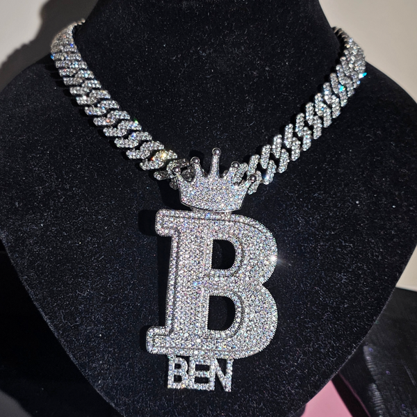 Custom Big Crown Bail Letter Name Stacked Pendants Necklace with Cuban Chain