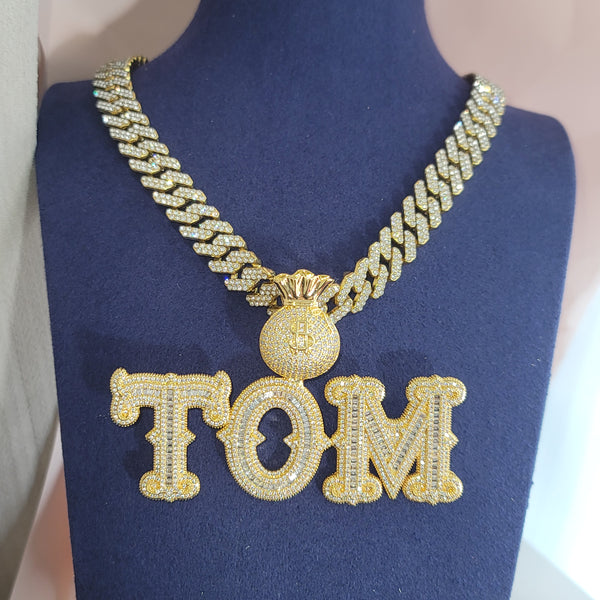 Custom Money Bag Bell Baguette Diamond Name Plate Necklace