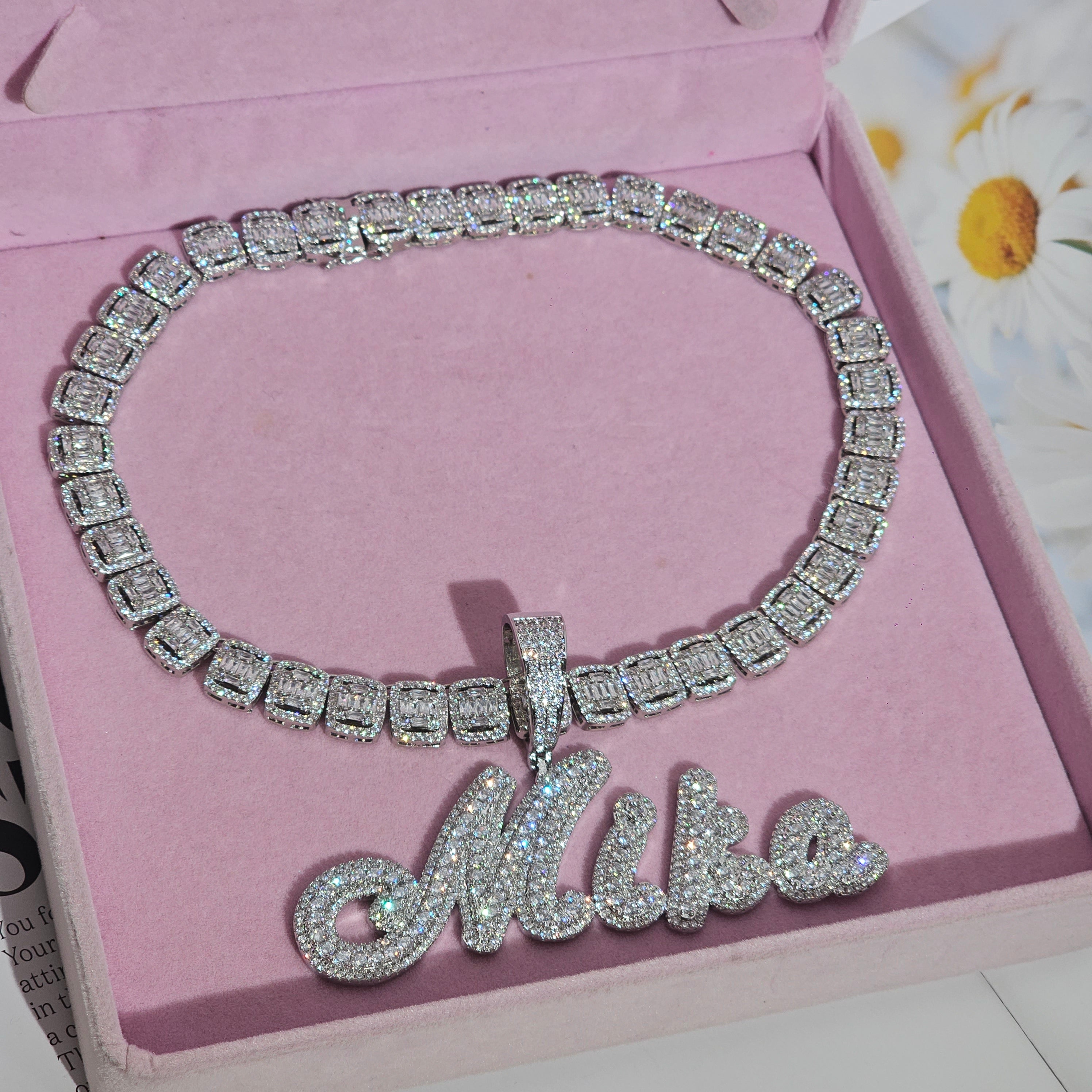Custom Big Cursive Script Baguette Chain Name plate Necklace – DOBLING ...