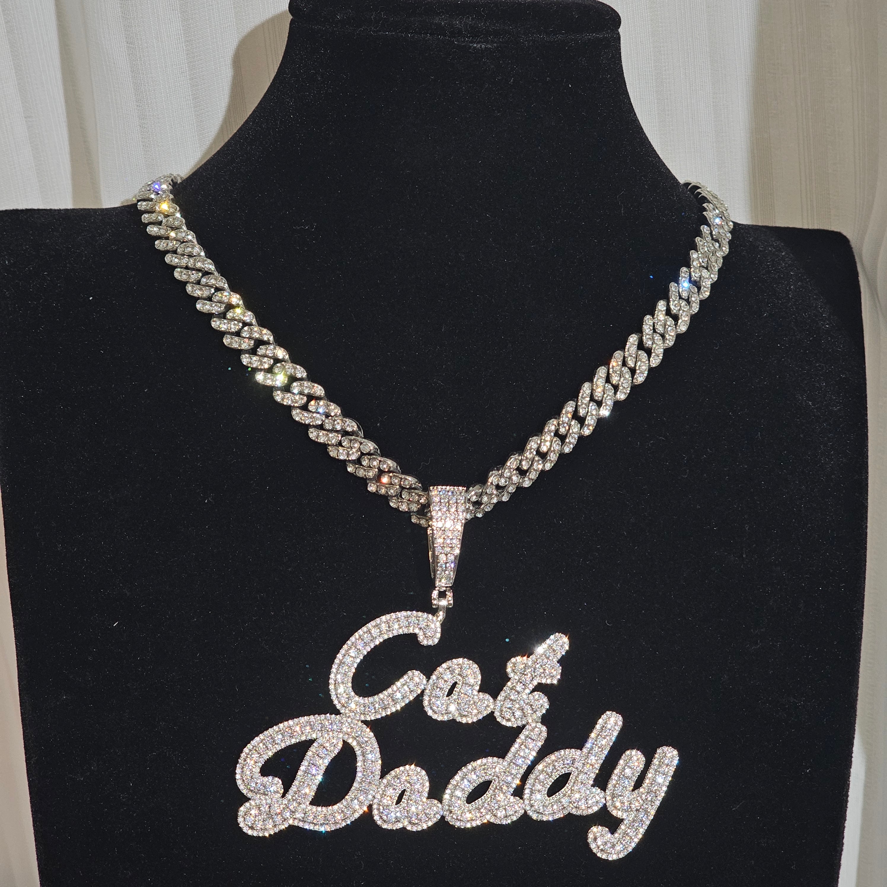 Custom Top Bottom Cursive Name Plate Necklace 9mm mini Cuban Chain ...