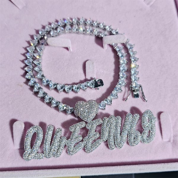 Customize Icy Heart Nameplate Pendant with Heart Tennis Necklace Chain