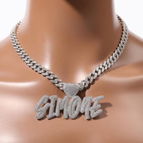 Icy Heart Bail Custom Cursive Font Letters Pendants Personalized Name Necklace