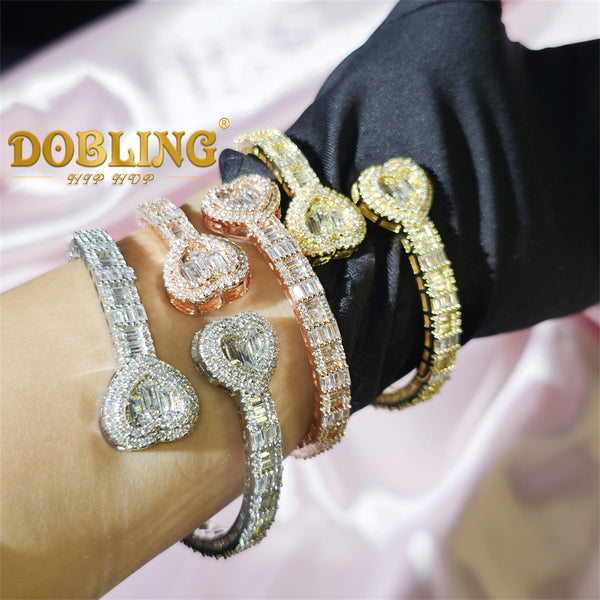 7 inch 8 inch Baguette Diamond Heart Cuff Bangle Wrist Bracelets Hiphop Punk Jewelry for Her