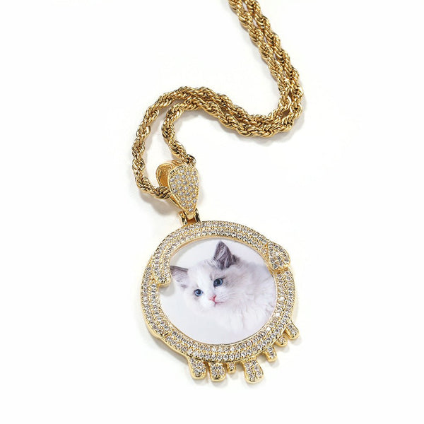 Hip Hop Gold Round Water Drop DIY Photo Pendant - DOBLING JEWELRYDOBLING JEWELRY